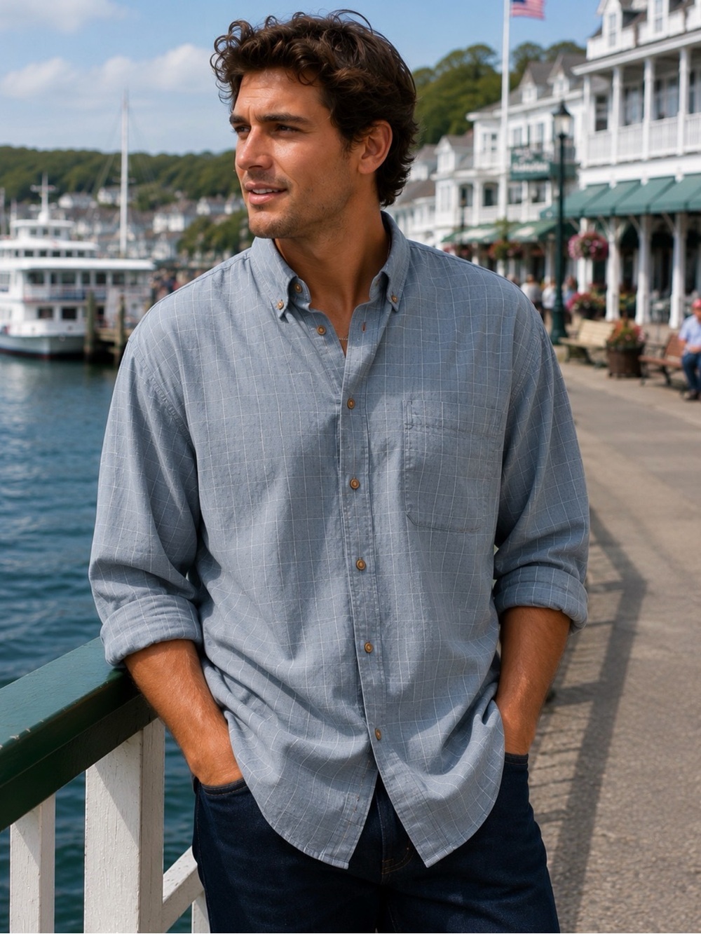 100% Cotton Men's Light Blue Checked Long-Sleeve Button-Down Shirt